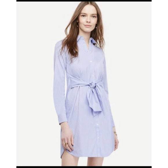 Ann Taylor Petite Tie Front Collared Shirt Dress - Blue and White Striped M - Picture 1 of 10